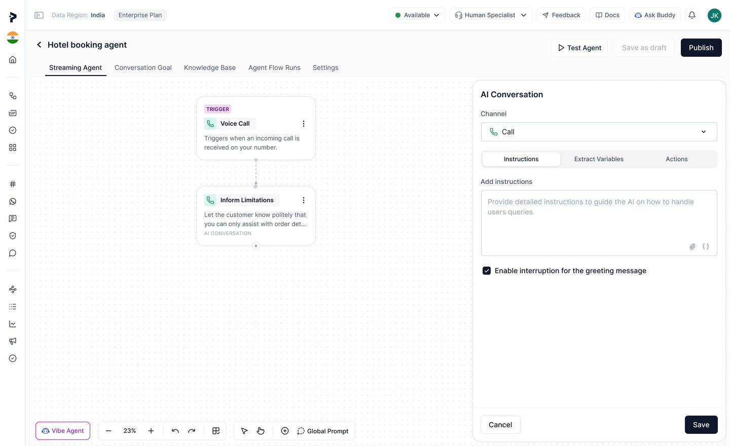 Phase 2: Hybrid multi-node workflow builder with AI Conversation nodes and prompt-based instructions alongside the visual canvas